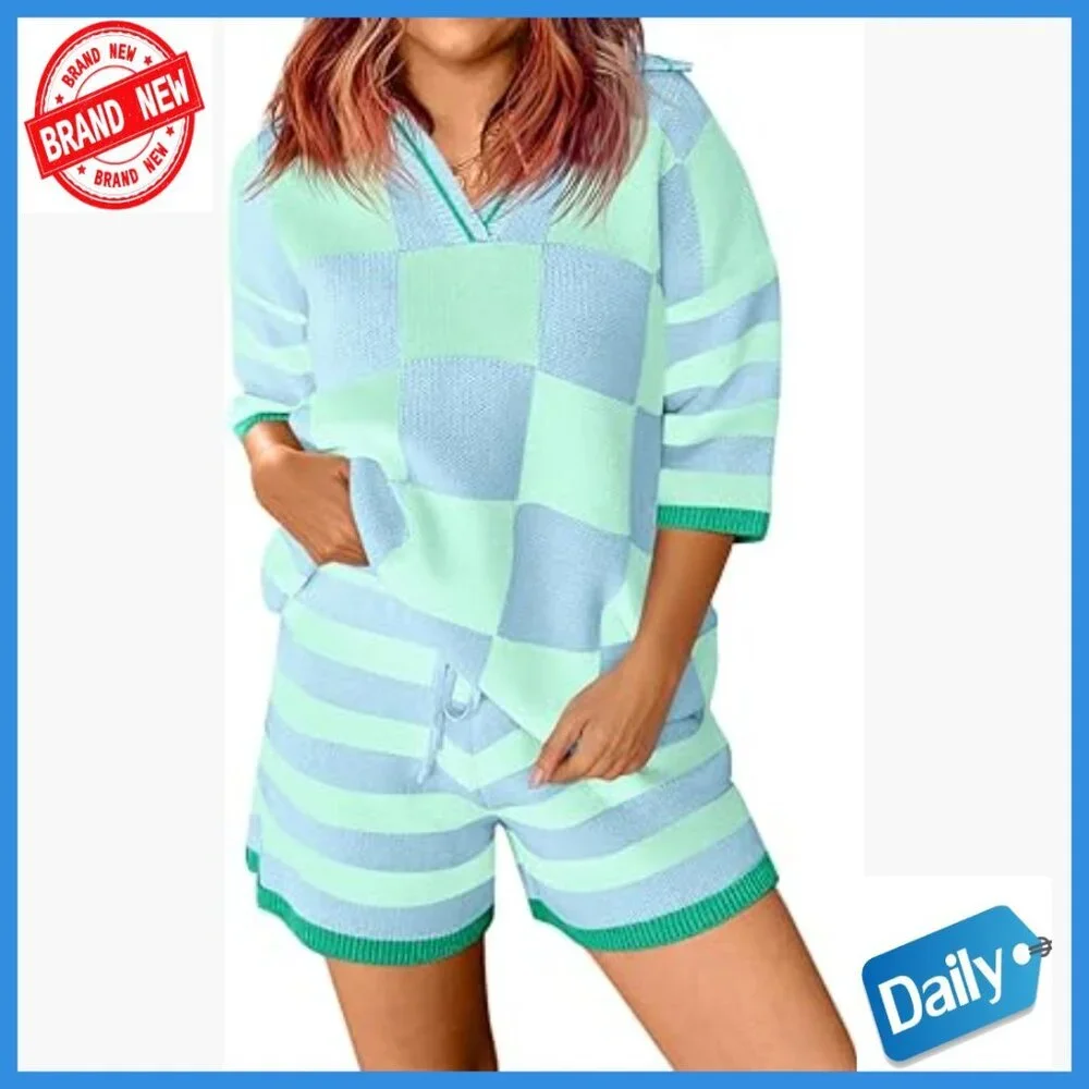 Large Knit Lounge Set V-Neck Top Shorts Matching 2-Piece Outfit
